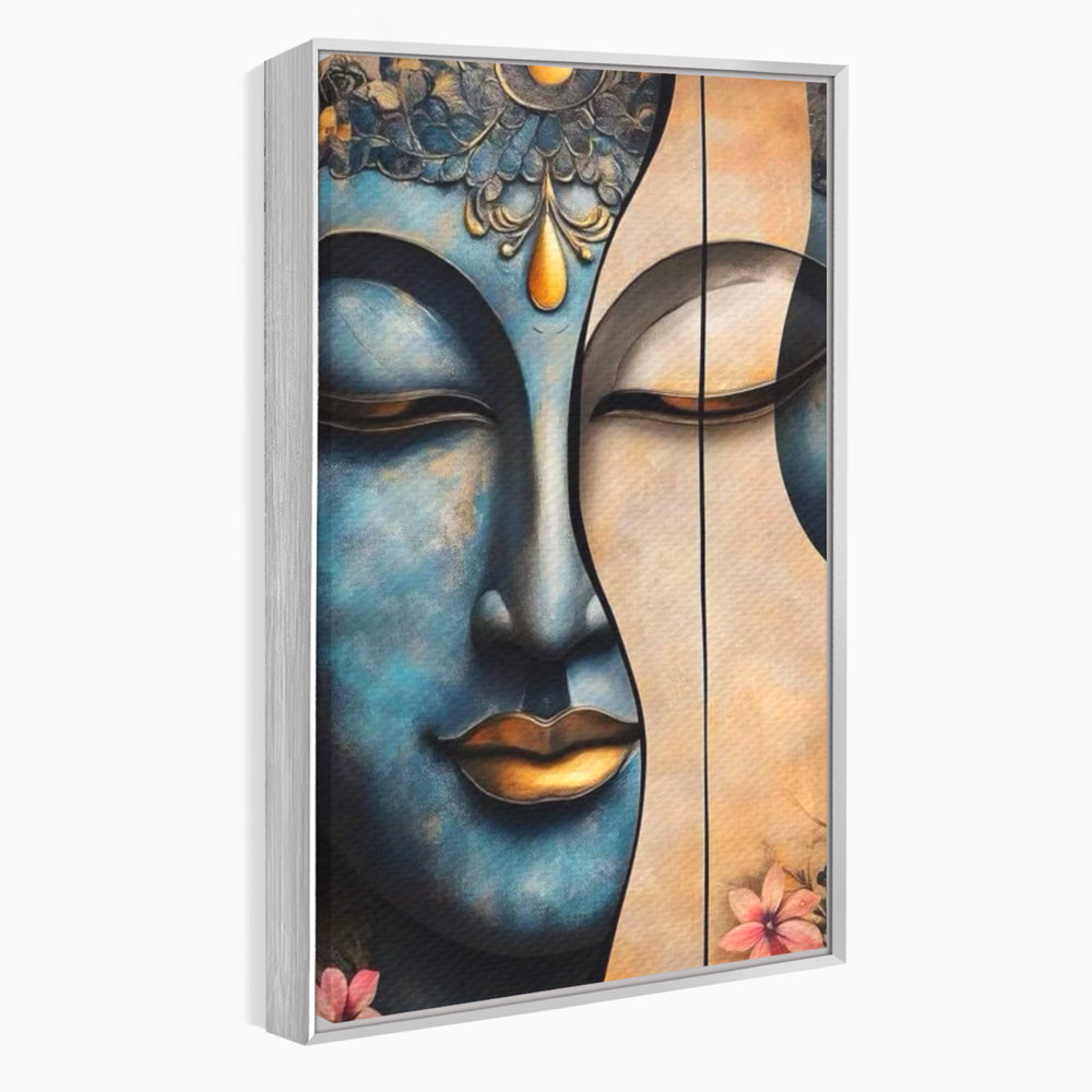 Tablou canvas cu tablou canvas cu chipul lui buddha, in rama de aluminiu argintiu